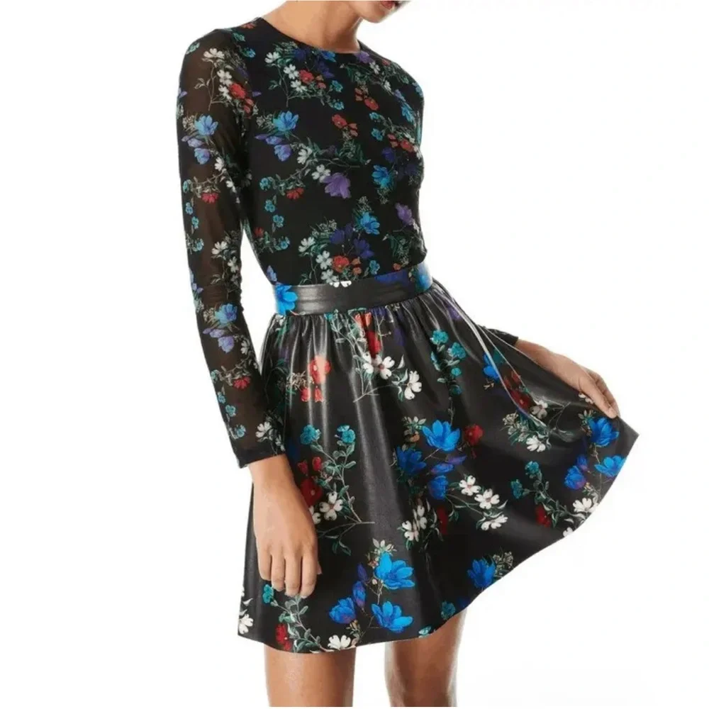 Alice + Olivia Faux Leather Mesh Long Sleeve Black Floral Mini Dress NWT Blooms - Picture 4 of 8